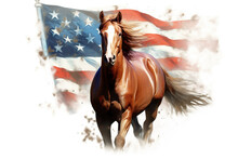 A Horse Running In Front Of An American Flag. Generative AI.