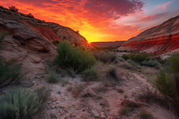 Wall Mural - fiery canyon sunset, with the sun peeking over the horizon, casting a warm glow on the landscape, created with generative ai