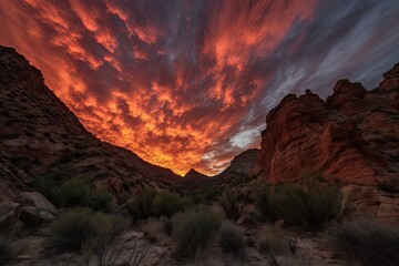 Wall Mural - fiery canyon sunsets, with dramatic sky and silhouette of tall cliff, created with generative ai