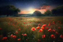 Meadow With Red Poppies At Colorful Sunset