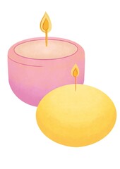 two pink and yellow Burning aroma typical scented wax Candles standing close together isolated on white background. Illustration for Spa salon, Cozy home, Home design, interior, light concept