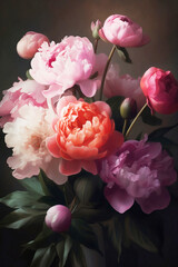 Wall Mural - still life with blooming peonies on dark background