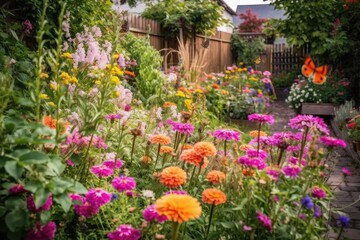 Wall Mural - close-up of vibrant garden, with bees and butterflies fluttering among the blooms, created with generative ai