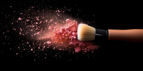 Brush with powder. Make up brush with colorful powder explosion on black background