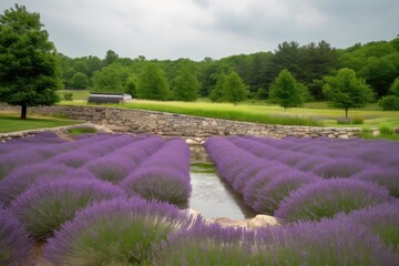 Sticker - lavender field with waterfall, creating natural ambiance, created with generative ai