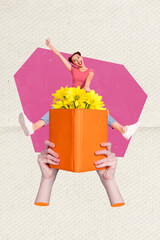 Wall Mural - Vertical collage portrait of mini excited girl sit huge flowers arms hold opened book isolated on paper background