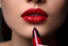 Model Applying Lipstick To The Lip. Close-up Of Female Lips Covered With Red Lipstick