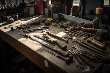 Wall Mural - close-up of hand tools and parts on workbench, created with generative ai