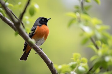 Wall Mural - male redstart bird perched on tree branch, singing, created with generative ai