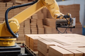 Wall Mural - close-up of robotic arm grabbing and placing pallet on transport vehicle, created with generative ai