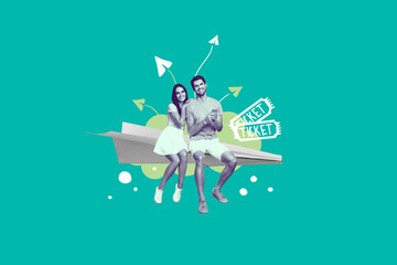 Canvas Print - Collage portrait of two mini happy black white effect people sit big paper plane use smart phone buy order ticket isolated on turquoise background