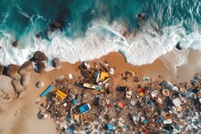 Aerial Wide Angle Top Down View Of Beach Seaside With Trash Using Generative AI