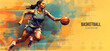 © ckybe - Realistic silhouette of a basketball player. Woman in action isolated on copy space background. Generative Ai illustration