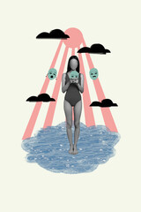 Poster - Vertical collage picture of black white gamma unsatisfied no face girl swimwear use smart phone crying emoji drawing sun clouds