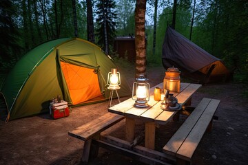 Sticker - tent, lantern and flashlight on wooden table in campsite, created with generative ai