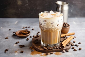 Wall Mural - refreshing iced coffee latte, with cinnamon and nutmeg sprinkled on top, created with generative ai