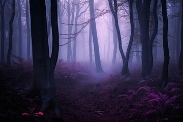 Wall Mural - magical dark purple forest with dense fog and mysterious light, created with generative ai