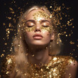AI Generated fictional blond woman in gold glittering dress on golden glitter background, Closed eyes girl with blond lush hair, luxury and premium photography for advertising product design