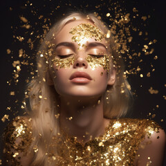 ai generated fictional blond woman in gold glittering dress on golden glitter background, closed eye