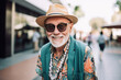 © ADDICTIVE STOCK - Generative AI illustration of portrait of happy mature man in colorful clothes and sunglasses smiling while relaxing in city in summer