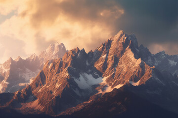Wall Mural - Stormy sunset illuminating a dramatic mountain landscape for a striking banner