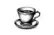 A cup of coffee on a saucer with a spoon. . Hand drawn vector engraving style illustrations