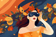 © ADDICTIVE STOCK - Generative AI illustration of calm woman in virtual reality goggles experiencing cyberspace against colorful background with leaves