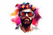 © ADDICTIVE STOCK - Generative AI illustration of serious bearded male hipster in eyeglasses with colorful diamonds on head against abstract background representing concept of virtual reality