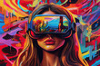 © ADDICTIVE STOCK - Generative AI illustration of calm woman in modern VR goggles interacting with virtual reality against colorful abstract background