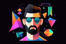 Generative AI Illustration Of Abstract Bright Man In Glasses On Black Background With Colorful Geometric Shapes Representing Concept Of Virtual Reality