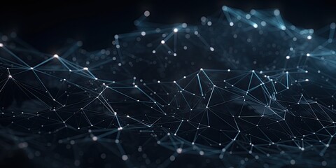 Molecules technology with polygonal shapes on dark blue background. Connecting dots and lines. Low poly shape. Abstract futuristic digital technology concept. Generative AI.