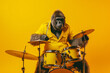 A gorilla musician playing the drums in a band. Generative ai