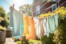 Washing Day. Clothes Hanging On A Clothesline To Dry On Clothespins On The Street In The Village.Generative AI