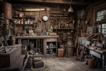Old Garage, Filled With Vintage Tools And Equipment Of Bygone Era, Created With Generative Ai