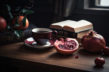 Wall Mural - pomegranate on wooden table, surrounded by books, and with a cup of tea, created with generative ai