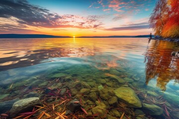 Wall Mural - crystal-clear lake with view of colorful sunset, created with generative ai