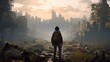 Game art piece that captures a significant moment in the middle of a hero's journey through a post - apocalyptic world. The protagonist, a resilient survivor, stands at the threshold of a crumbling ci