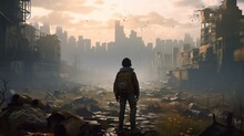 Game Art Piece That Captures A Significant Moment In The Middle Of A Hero's Journey Through A Post - Apocalyptic World. The Protagonist, A Resilient Survivor, Stands At The Threshold Of A Crumbling Ci