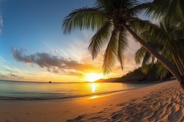 Wall Mural - exotic beach, with view of sunset and palm trees in the background, created with generative ai