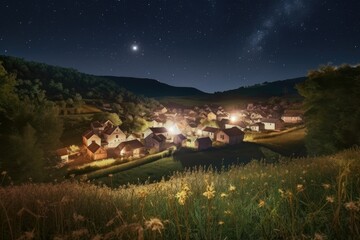 Wall Mural - harvest moon, shining down on a sleeping village, with distant stars visible in the night sky, creat