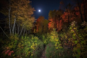 Wall Mural - moonlit forest filled with autumn colors, and the sound of crickets in the background, created with generative ai