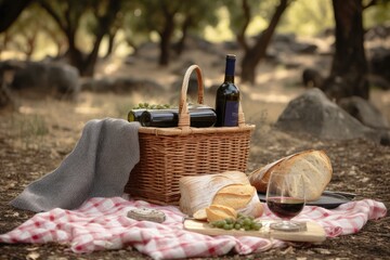 Wall Mural - classic picnic with basket, blanket, and bottle of wine, created with generative ai