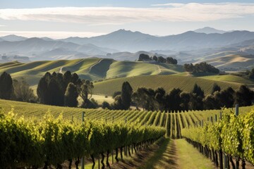 Wall Mural - vineyard with rolling hills and a mountain range in the background, created with generative ai