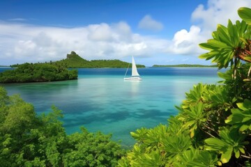 Wall Mural - pristine lagoon, surrounded by tropical islands and lush vegetation, with sailboat in the foreground, created with generative ai