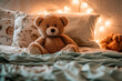teddy bear on a childs bed, Generative AI