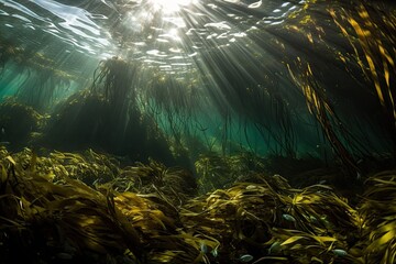 Wall Mural - close-up of kelp forest with schools of fish swimming among the strands, created with generative ai