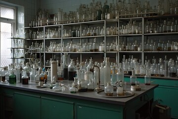 Wall Mural - laboratory, with beakers and flasks in various sizes, being used for experiments, created with generative ai