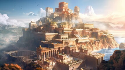 Ancient city buried deep within a desert or underwater realm. Depict its crumbling architecture, intricate statues, and the sense of wonder and mystery that surrounds this forgotten civilization