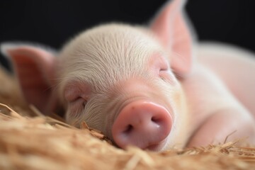 Poster - close-up of little piglet's face, with its eyes half closed and mouth open in a peaceful slumber, created with generative ai