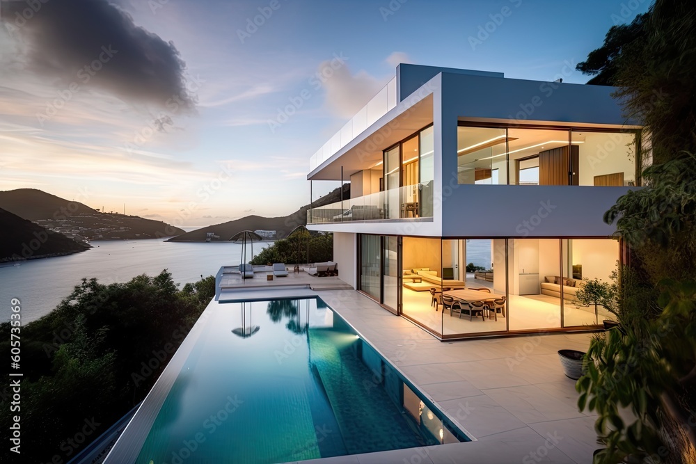 modern house with infinity pool and view of the sea, surrounded by lush ...